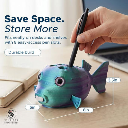 S I Schaller Industries Aesthetic Pen Holder for Desk 16mm Slot Size-Fun Metallic Teal Blow Fish Pencil Holder - Cute Pen Rack Holds 8 Pens, Compatible with Pencil, Marker & Office Supplies