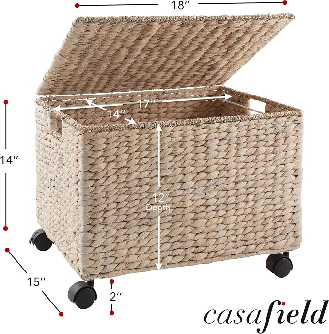 Casafield Rolling Filing Cabinet, Whitewash - Water Hyacinth File Organizer with Lid and Locking Wheels, Home Office Storage for Hanging Folders