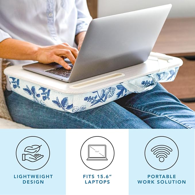 LAPGEAR Designer Lap Desk 2-Pack with Storage Basket, Phone Slot & Device Ledge – Blue Blossoms – Fits Laptops up to 15.6" – Style No. 70433
