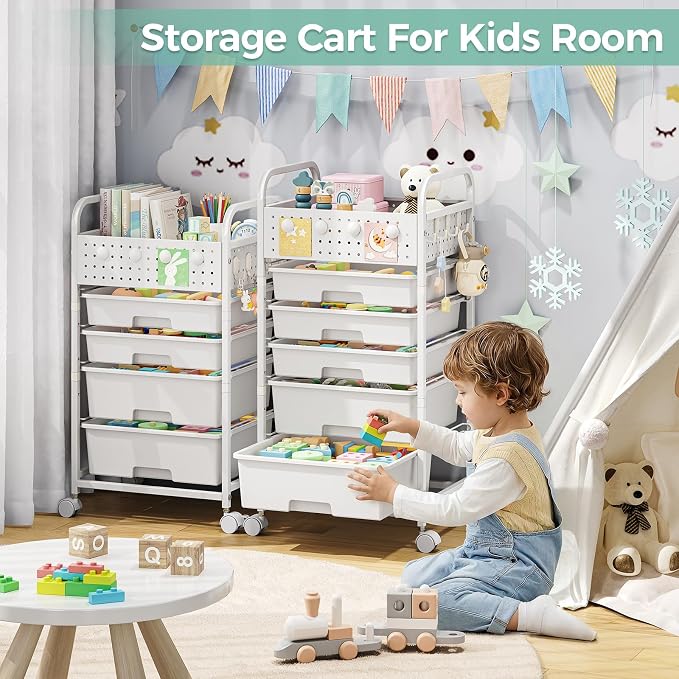 SYKIARIOL 4 Drawer Rolling Storage Cart with Pegboard Top and Hooks, Mobile Organizer Cart with Wheels for Office Supplies, Craft Storage, Classroom Organization, Home Utility Cart, White