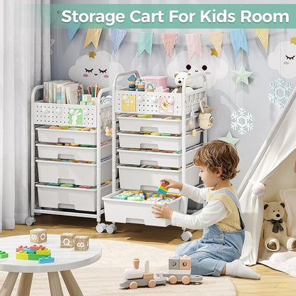 SYKIARIOL 4 Drawer Rolling Storage Cart with Pegboard Top and Hooks, Mobile Organizer Cart with Wheels for Office Supplies, Craft Storage, Classroom Organization, Home Utility Cart, White