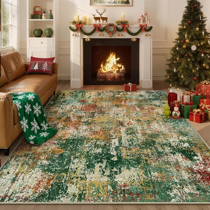 RELEANY Washable Area Rugs 6'x9' Non-Slip Modern Abstract Soft for Living Room Entryway Bedroom Kitchen, Print Pattern, Green Orange Rust Red Cream Colorful