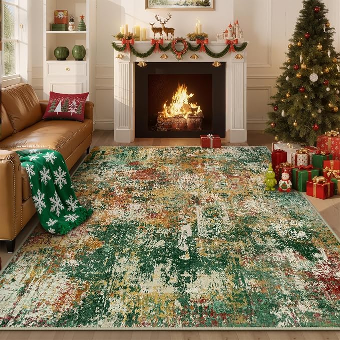 RELEANY Washable Area Rugs 3'x5' Non-Slip Modern Abstract Soft for Living Room Entryway Bedroom Kitchen, Print Pattern, Green Orange Rust Red Cream Colorful