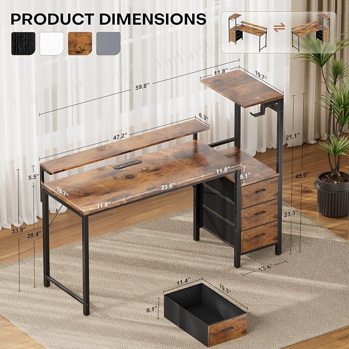 HLDIRECT 60 inch Gaming Desk with 3 Fabric Drawers & Side Hooks-Reversible Home Office Computer Desk with Power Outlets & Led Lights, Gamer Desk Table with Monitor Stand, Rustic Brown