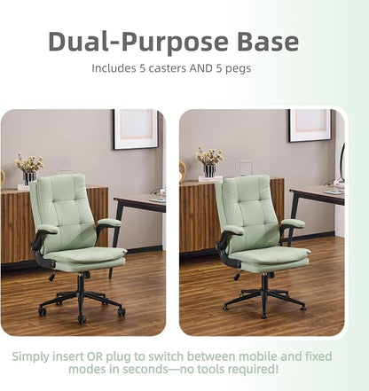 VINGLI Comfy Green Leather Office Desk Chair, High-Back Support Ergonomic Computer Task Gaming Chair,with Removable wheels,360° Swivel,Adjustable Height,Flip-Up Arms,for Adults,Teen,Vanity,Home Office