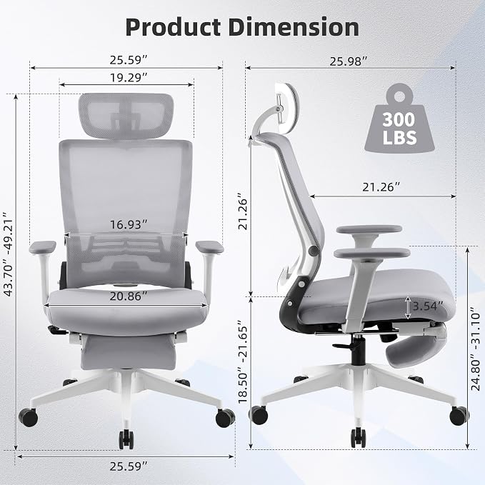 Foldable Office Chair with Foot Rest, Ergonomic Office Chair with Adjustable Lumbar Support, Headrest, Armrest, Home Office Desk Chairs for Space Saving, Grey