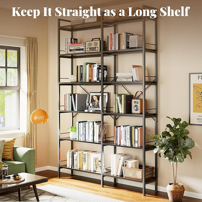 Huuger 6 Tier Bookshelf, L Shaped Corner Bookshelf with Open Shelves, 49.4 Inch Straight Wide Bookcase with Metal Frame and Wooden Board, Adjustable Feet, Black