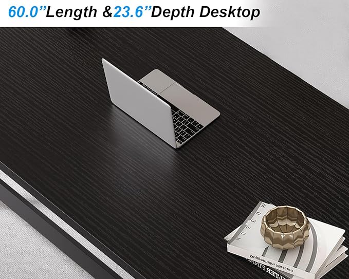 IBF Black Desk, Modern Computer Desk for Writing Study, Industrial Simple Home Office Work Desk in Bedroom, Wood Metal Pc Gaming Laptop Workstation Executive Computer Table, Black Oak, 60 Inch