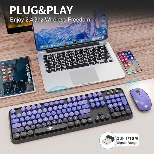 Wireless Keyboard and Mouse Combo | Cute Colorful Keyboard and Mouse with 2.4GHz Cordless Retro Typewriter Keyboard | Auto-Sleep | USB Receiver for Windows PC/Laptop - Black Purple Gradient