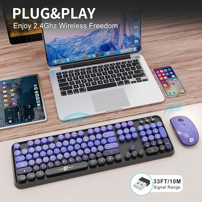Wireless Keyboard and Mouse Combo - Cute Colorful Keyboard and Mouse, Retro Typewriter Keyboard with 2.4GHz Plug & Play, for Windows 11/10/7, Laptop, PC (V2020-Purple)