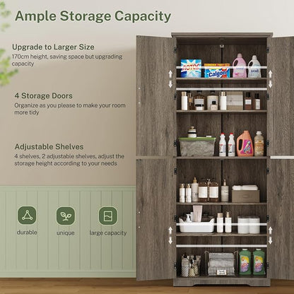 TEENFON Tall Storage Cabinet, Kitchen Pantry Cabinet with 4 Shelves, Adjustable Shelves, Pantry Cabinets with 4 Barn Doors, Tall Kitchen Cabinets for Dining Room, Living Room, Dark Walnut
