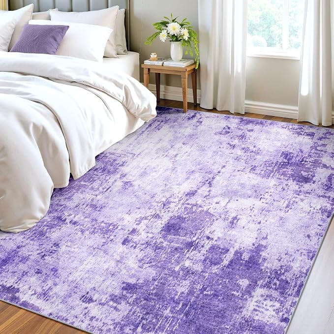 RELEANY Washable Area Rugs 4'x6' Non-Slip Modern Abstract Soft for Living Room Entryway Bedroom Kitchen, Print Pattern, Purple Gray Pink White