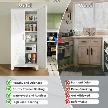 QINPTWUT 71" Metal Storage Cabinet with Doors and Shelves, Tall Pantry Cabinet in White with 2 Doors & 4 Adjustable Shelves, All-Steel Farmhouse Cupboard for Kitchen, Living Room,Home Office,Garage
