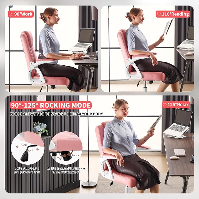Executive Office Chair, Ergonomic PU Leather Computer Chairs, Executive Breathable Desk Chair with Padded Flip-Up Arms, 360° Swivel Rolling Chair Comfy Padded for Working Studying Gaming (Pink)
