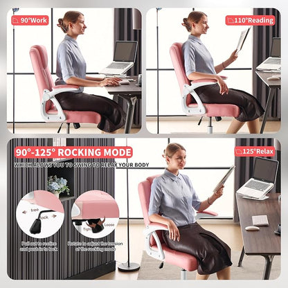 Executive Office Chair, Ergonomic PU Leather Computer Chairs, Executive Breathable Desk Chair with Padded Flip-Up Arms, 360° Swivel Rolling Chair Comfy Padded for Working Studying Gaming (Pink)