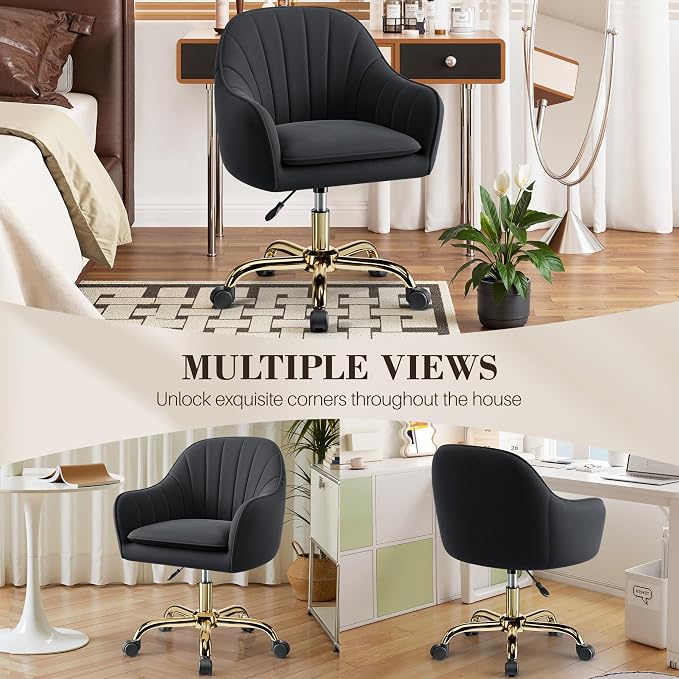 Vanity Chair with Wheels, Comfy Home Office Desk Chairs Adjustable Modern Velvet Makeup Vanity Chairs for Bedroom Living Room-Black