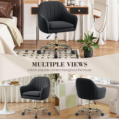Vanity Chair with Wheels, Comfy Home Office Desk Chairs Adjustable Modern Velvet Makeup Vanity Chairs for Bedroom Living Room-Black