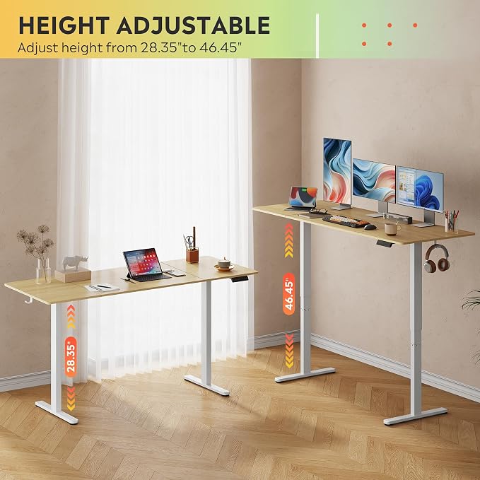 DEVAISE 71 Inch Electric Standing Desk, 3 Adjustable Computer Desk for Home Office, Ergonomic Sit to Stand Desk with LED Touchscreen，Headphone Hook, 3 Memory Preset, with Split Top, Maple
