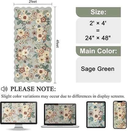 DUKINO 2x4 Washable Runner Rugs, Non Slip Floral Print Entryway Rug with Soft Low Pile, Lightweight Mat for Living Room, Bathroom, Bedroom, Kitchen, Sage Green