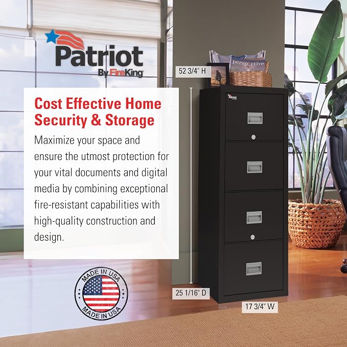 FireKing Patriot Vertical 4 Drawer Legal & Letter Fire Safe File Cabinet, Key Lock, 1 Hour Fire Rated UL Rated & Water Resistant, USA Made, Black