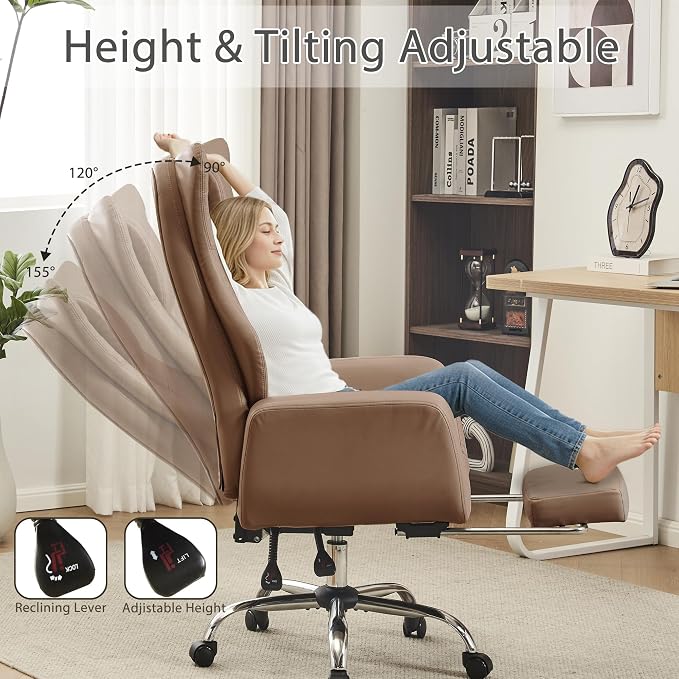 Ergonomic Cross Legged Office Chair with Footrest,Leather Big and Tall Executive Chair with Lumbar Pillow,Reversible Armrest for Pets,155° Reclining Computer Wide Desk Chair for Home,Office, Brown