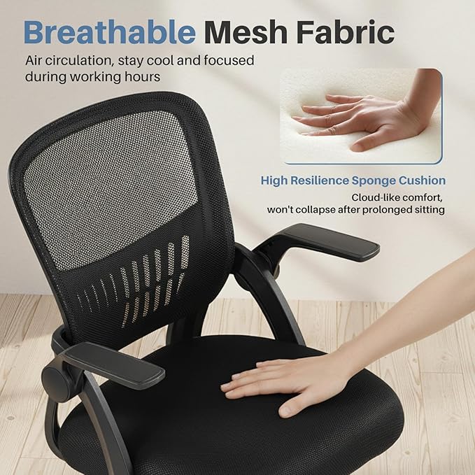 DUMOS Home Office Desk Chair - Ergonomic Computer Mesh Chair with Lumbar Support & Rocking Mode, Height Adjustable, Flip-up Armrest, for Conference, Meeting Room, 360° Swivel, Adults, Black