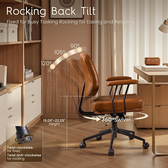 HOOOWOOO Ergonomic Office Chair,Mid Century Modern Computer Desk Chair,Comfy Executive Chair with Extra Wide Tufted Cloudy Seat Lumbar Support Rocking Back,PU Leather Light Brown