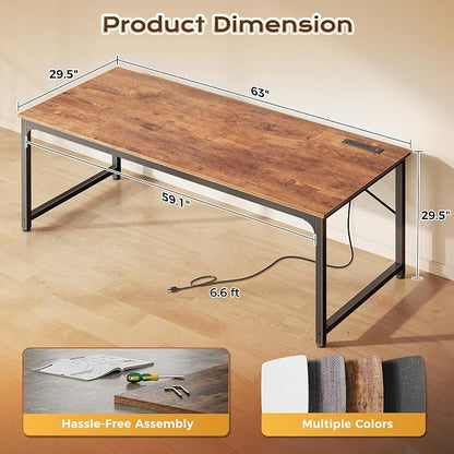 PRAISUN 63 X 30 Inch Computer Desk with Power Outlets & USB-C Port,Larger and Longer Office Desk with Deeper Desktop, Study, Bedroom, Writing Work from Home Table, Metal Frame, Rustic Brown