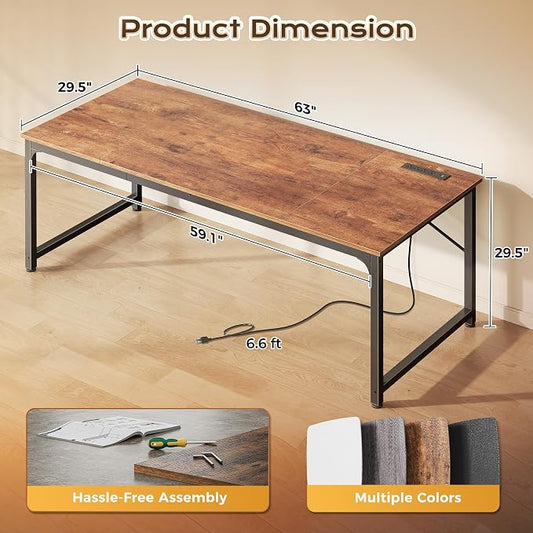 PRAISUN 63 X 30 Inch Computer Desk with Power Outlets & USB-C Port,Larger and Longer Office Desk with Deeper Desktop, Study, Bedroom, Writing Work from Home Table, Metal Frame, Rustic Brown