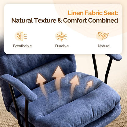VINGLI Comfortable Office Desk Chairs with/No Wheels,Dual-Base,Removable Armrests,Adjustable Comfy Rolling Swivel Computer Nail Tech Chair for Office,Sewing,Makeup Vanity,Teen,Linen Fabric,Navy Blue