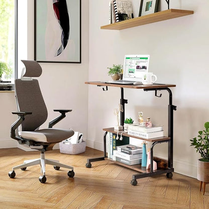 Karl home 31.5" Portable Rolling Desk on Wheels,Height Adjustable Standing Desk with 2 AC Outlets/3 USB Ports,Mobile Laptop Table with Hooks and Storage Shelves for Home Office，Rustic Brown