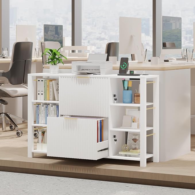 Filing Cabinet for Home Office, Fluted Wood File Cabinet with 2 Drawers Fit Letter/Legal/A4 Folders with Tabs, 43.3" W Printer Stand with Lock & 2 Power Outlets, 6 Storage Shelves (1, White)
