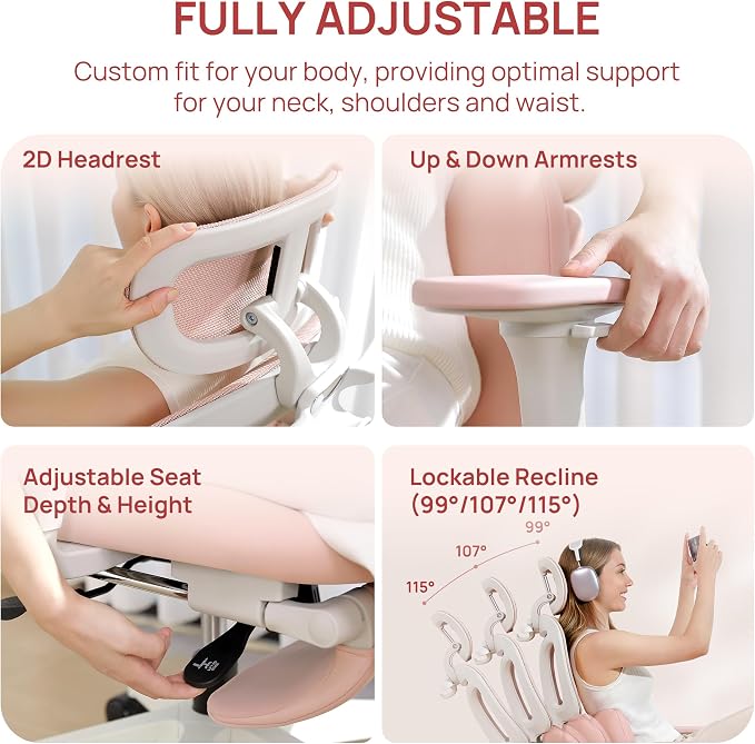 CabLady S1 High Back Ergonomic Mesh Office Chair with Footrest, 300 lbs | 115° Recline Lock, Adjust Seat Depth, 2D Arms, 3D Headrest, Detachable Lumbar Support, Breathable Mesh, BIFMA, Pink