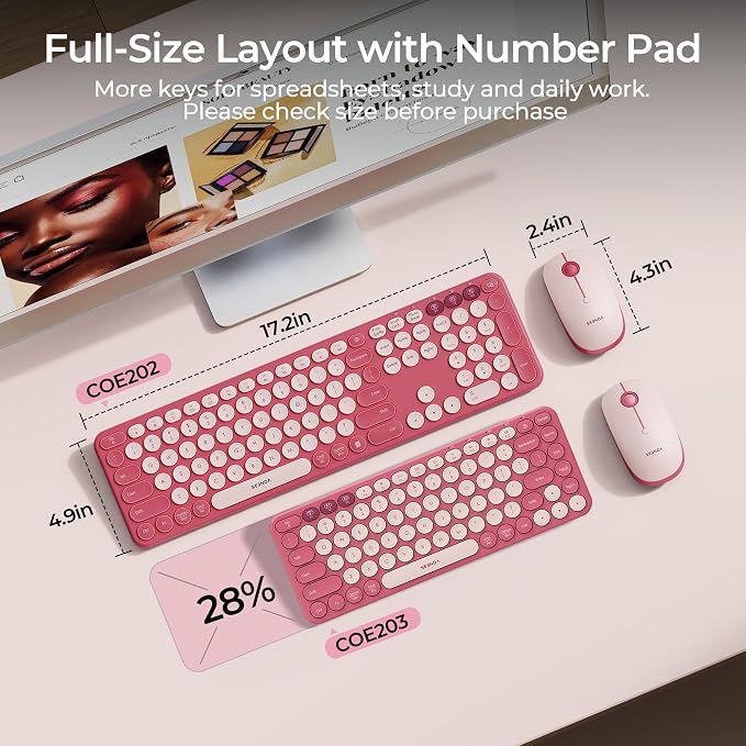 seenda Wireless Bluetooth Keyboard Mouse Combo, COE202 Retro Cute Round Keyboard, Silent Mouse, 3 Multi-Device Connection, Full Size Compatible for PC/Laptop/Mac/MacBook/iPad/Tablet, Pink