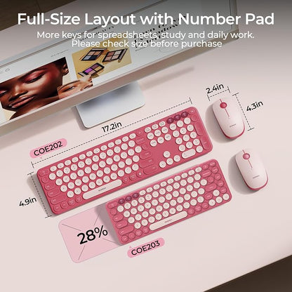 seenda Wireless Bluetooth Keyboard Mouse Combo, COE202 Retro Cute Round Keyboard, Silent Mouse, 3 Multi-Device Connection, Full Size Compatible for PC/Laptop/Mac/MacBook/iPad/Tablet, Pink