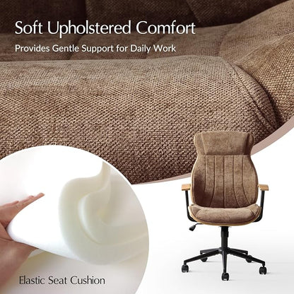 HULALA HOME Solid Wood Office Chair with Tilt Function, Mid Century Modern Bentwood Desk Chair with High Backrest, Height Adjustable Swivel Fabric Computer Task Chair, Camel