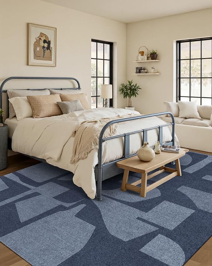 Latte&Fog 6x9 Area Rugs for Living Room Bedroom, Modern Abstract Washable Rug, Boho Non Slip Low Pile Carpet for Indoor Dining Room, Dorm, Classroom, College Dorm, Farmhouse and Kids Room - Navy Blue
