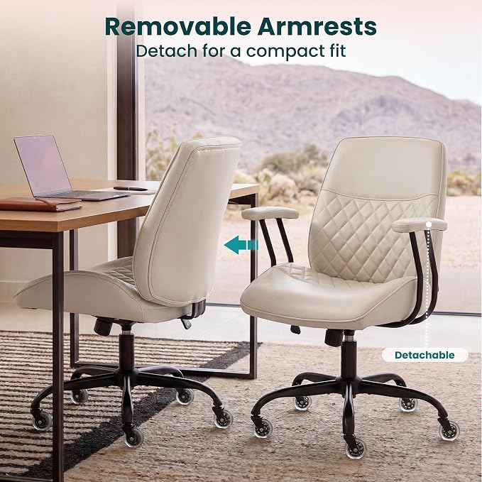 NEO CHAIR Ergonomic Leather Office Desk Chair with Adjustable Armrests Mid Back Lumbar Support Swivel Executive Computer Chair with Wheels Comfy Home Office Chair for Adults (Ivory)