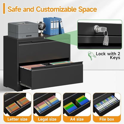 2 Drawer Lateral File Cabinet with Lock,Metal File Cabinets for Home Office,Locking Filing Cabinet for Letters/Legal/A4 Size, Assembly Required,Black Widen