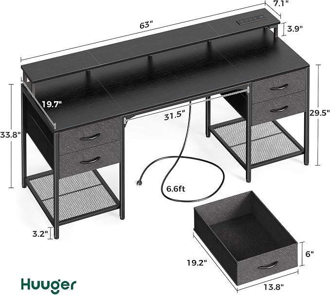 Huuger 63 inch Computer Desk with 4 Drawers, Gaming Desk with LED Lights & Power Outlets, Home Office Desk with Large Storage Space for Bedroom, Work from Home, Black