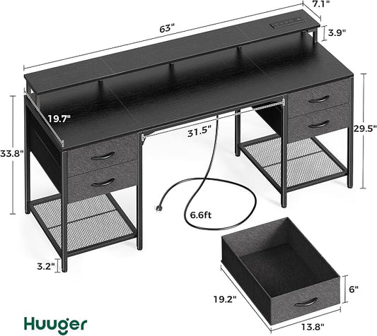 Huuger 63 inch Computer Desk with 4 Drawers, Gaming Desk with LED Lights & Power Outlets, Home Office Desk with Large Storage Space for Bedroom, Work from Home, Black