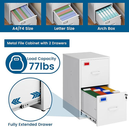 PEUKC 2 Drawer File Cabinet with Lock, 25.4" High Vertical Filing Cabinet, 17.7" Deep Metal Storage Cabinets for Home Office, Letter/Legal/A4/F4 Size, White(Assemble Required)