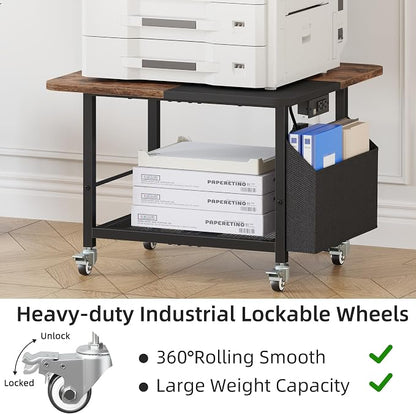 YAOHUOO 23.6"×23.6" Large Printer Stand with Power Outlet, Printer Table with Storage Side Pocket, Heavy Duty Rolling Cart for Home Office 3D Printer/Laser/Heat Press Table, Rustic Brown