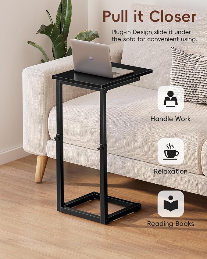 Vagusicc C-Shaped End Table for Couch, 33" Tall C Table Adjustable Height Side Table, Couch Side Tables with Metal Frame Slide Under Sofa, Sofa Table TV Tray for Living Room, Bedroom, Bedside, Black