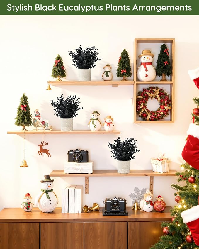 Velener 2 PCS Small Fake Eucalyptus Plant Artificial Potted Plants Indoor for Christmas Decor Indoor Realistic Faux Plant for Office, Bathroom, Living Room, Desk, Shelf, Home Decor (Black)