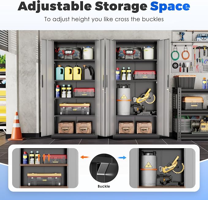 INTERGREAT Storage Cabinet with Doors and Shelves, Metal Garage Storage Cabinets with Lock, Lockable Steel Supply Cabinet for Home Office, Warehouse (Black Grey)