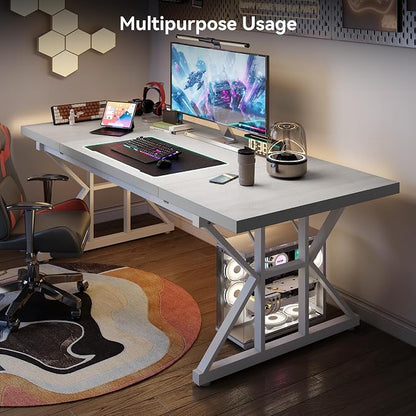 LITTLE TREE 70.8-Inch Large Executive Desk, Extra Long Computer Office Desk Workstation, Modern Simple Style Laptop Table, Sturdy Wooden Writing Workstation for Home White