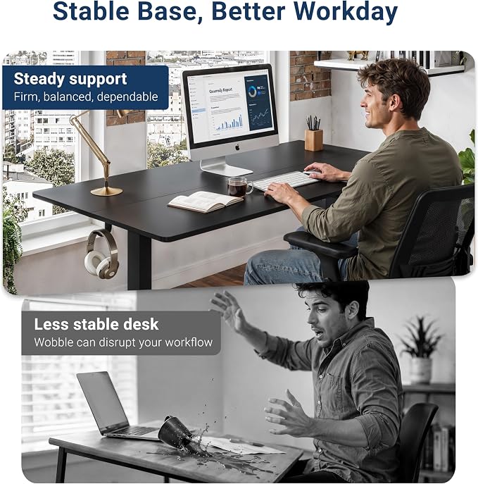 Techni Mobili 55” W Electric Standing Desk, Height Adjustable Sit-to-Stand Desk with 3 Memory Presets and Dual Accessory Hooks, Computer Workstation for Home or Office, Black