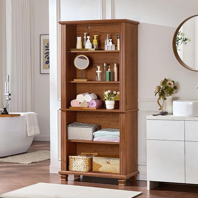 SAVOR LIFE 70" Tall Brown Bookshelf,5 Tier Wooden Book Shelf with Adjustable Shelves & Wood Legs,Free Standing Farmhouse Bookcase with Open Display Storage,Vintage Bookshelves for Classroom, Office