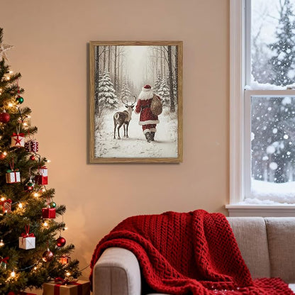 Framed Christmas Pictures Wall Decor, Santa Reindeer Winter Wall Art, Rustic Canvas Christmas Print, Winter Holidays Decor, Vintage Christmas Decorations Painting for Bedroom Living Room – 12x16in